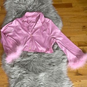 Pink satin shirt with feather trim sleeve